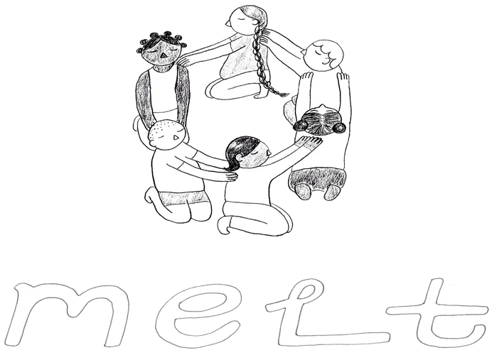 A line art drawing of a circle of people massaging each other with text below it reading "MELT"